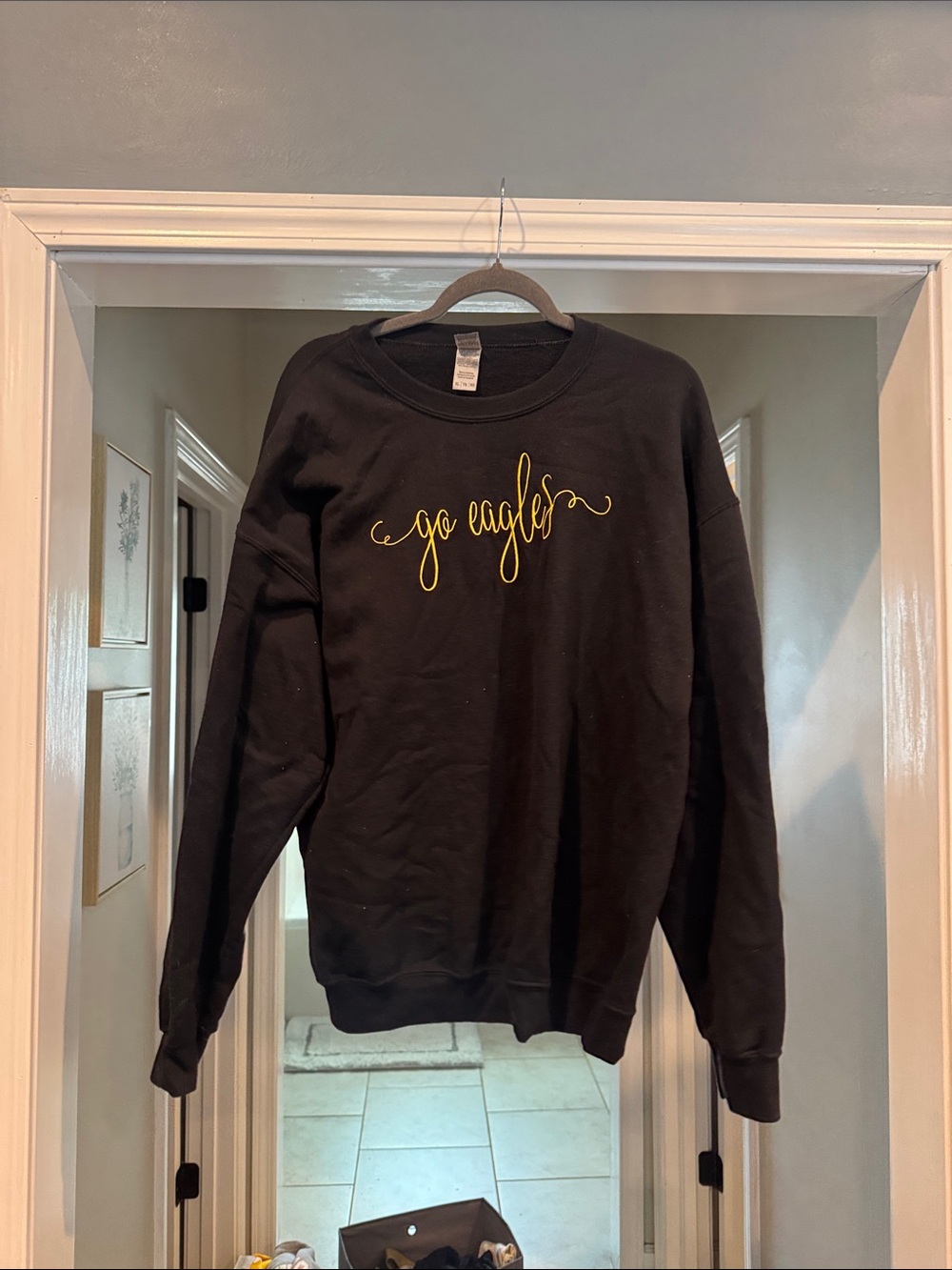 Black Crewneck Sweatshirt with Gold "go eagles" Script